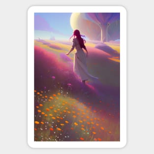 Cute Anime Girl in Field of Red Flowers & Trees - Future Sticker